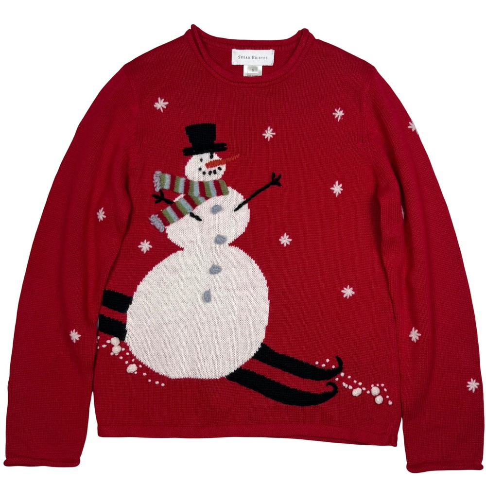 Susan Bristol Vintage Snowman Skiing Christmas Sweater Small Red Rolled Neck 90s